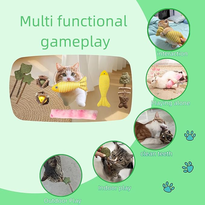 Natural Cat Toys Set with Catnip Fish &amp; Bone,Catnip Plush Toy &amp; Natural Silvervine Stick Cage Balls &amp; cat nip for Cats Lolipop, 8-Piece cat Toys for Indoor Cats Interactive Pet Toys