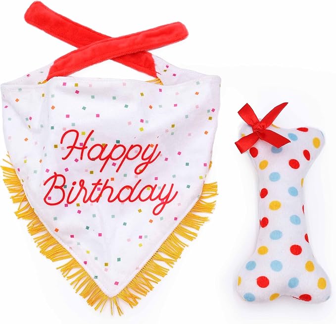 ZippyPaws Dog Birthday Gift Bandana &amp; Bone - Cute Accessories for Girl &amp; Boy Dogs, Holiday Set, Fits Small, Medium, &amp; Large Dogs, Stuffed Plush Toy, Machine Washable Handkerchief - One Size Fits Most