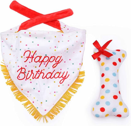 ZippyPaws Dog Birthday Gift Bandana &amp; Bone - Cute Accessories for Girl &amp; Boy Dogs, Holiday Set, Fits Small, Medium, &amp; Large Dogs, Stuffed Plush Toy, Machine Washable Handkerchief - One Size Fits Most