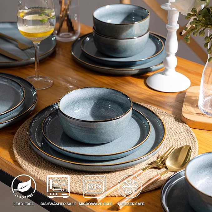 GBHOME Ceramic Dinnerware Sets for 4, 12 Pieces Stoneware Plates and Bowls Sets, Reactive Glaze Dishes -Scratch Resistant, Dishwasher&amp;Microwave Safe, Space Blue