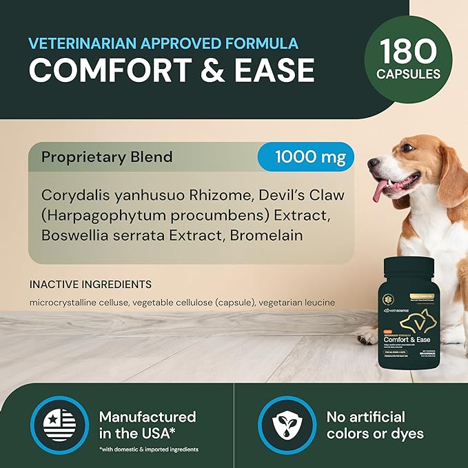 VETRISCIENCE Veterinary Strength Comfort &amp; Ease Capsules - Mobility Supplement for Pets - Supports Aches from Normal Exercise - Joint Care for Dogs &amp; Cats - 180 Count