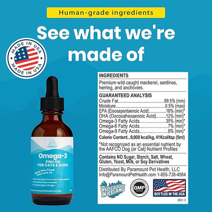 Wild-Caught Omega 3 Fish Oil for Dogs &amp; Cats, Liquid EPA DHA Supplement for Skin, Coat, Joints &amp; Heart, Low-Odor Omega 3 Drops for Small Dog Breeds &amp; Cats with Itchy Skin, 2 oz