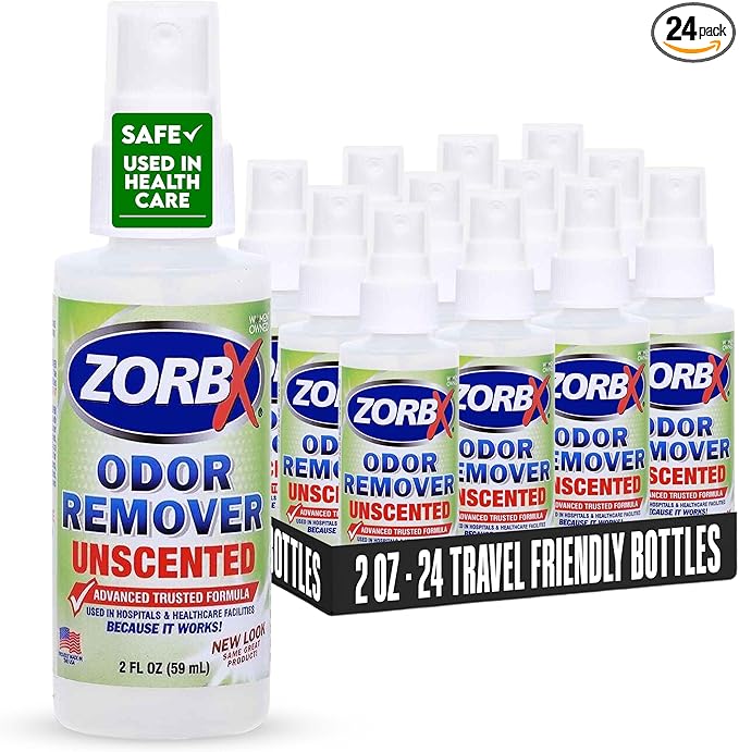 ZORBX Unscented Odor Eliminator for Strong Odor 2 Oz, Pack of 24 - Used in Hospitals &amp; Healthcare Facilities - Advanced Trusted Formula, Fast-Acting Odor Remover Spray for Dog, Cat, House &amp; Carpet