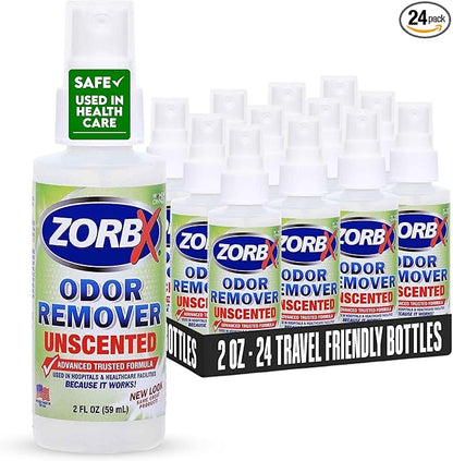 ZORBX Unscented Odor Eliminator for Strong Odor 2 Oz, Pack of 24 - Used in Hospitals &amp; Healthcare Facilities - Advanced Trusted Formula, Fast-Acting Odor Remover Spray for Dog, Cat, House &amp; Carpet