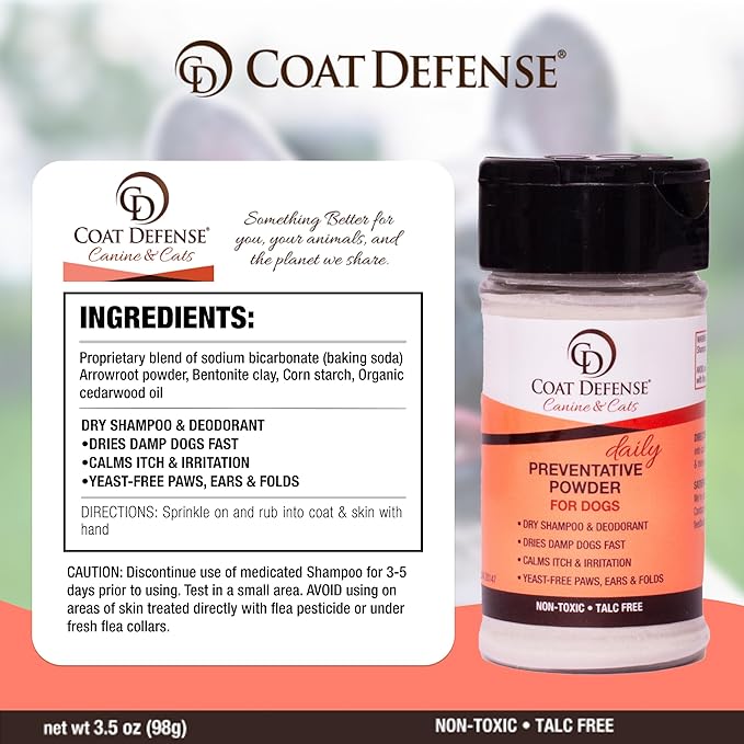 COAT DEFENSE Preventative Powder | Made in USA | 3.5oz Waterless Dog Shampoo &amp; Pet Deodorizer for Smelly Dogs | Provides Anti Itch Relief | Dog Shampoo for Dry Itchy Skin &amp; Smelly Dogs