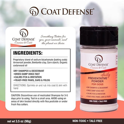 COAT DEFENSE Preventative Powder | Made in USA | 3.5oz Waterless Dog Shampoo &amp; Pet Deodorizer for Smelly Dogs | Provides Anti Itch Relief | Dog Shampoo for Dry Itchy Skin &amp; Smelly Dogs