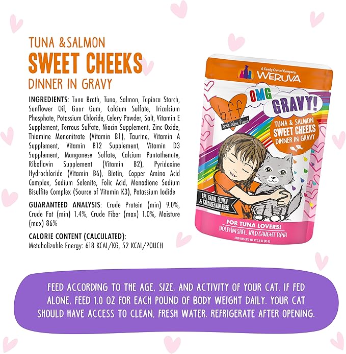 Weruva B.F.F. OMG - Best Feline Friend Oh My Gravy!, Tuna &amp; Salmon Sweet Cheeks with Tuna &amp; Salmon in Gravy Cat Food, 3oz Pouch (Pack of 12)