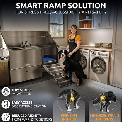 KANIS Professional Dog Washing Station - 304 Stainless Steel Pet Wash Sink &amp; Grooming Bath Tub for Home with Ramp, Shower, Floor Grate, Storage Drawer, Faucet, Drain Kit for Large, Medium &amp; Small Pets