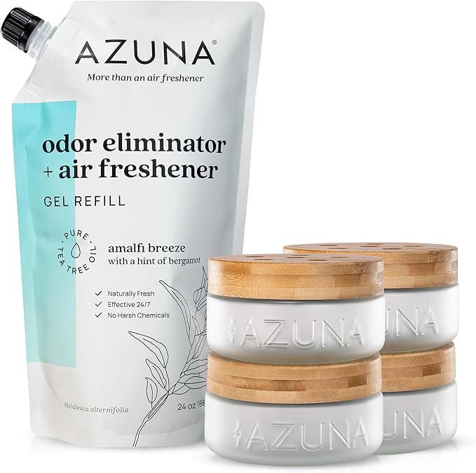 Azuna Air Freshener &amp; Odor Eliminator Gel 4 Room Kit, Includes (4) 8 oz. Empty Luxe Glass Jars &amp; 24 oz. Refill with Tea Tree Essential Oil, Amalfi Breeze, Works 24/7 for 60-90 Days
