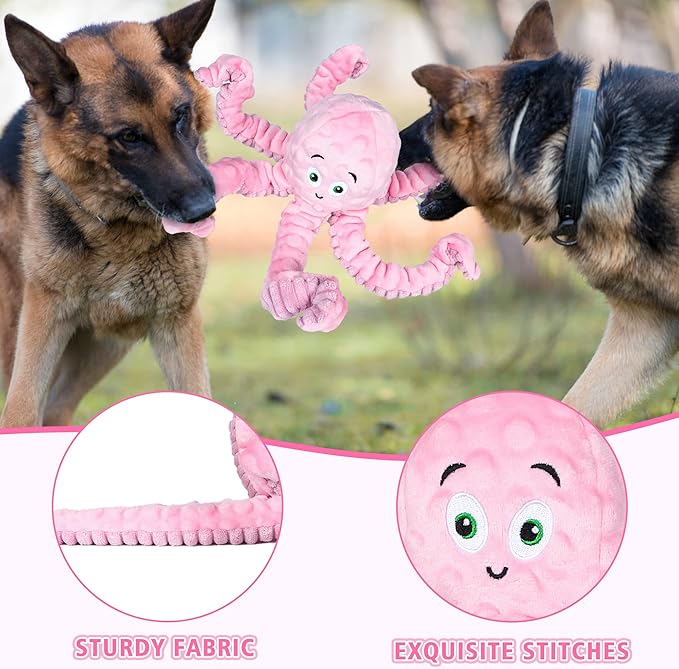 Dog Squeaky Toys Octopus - Tough Plush Large Medium &amp; Small Dog Toys - Stuffed Animals Puppy Toys (Octopus Pink)