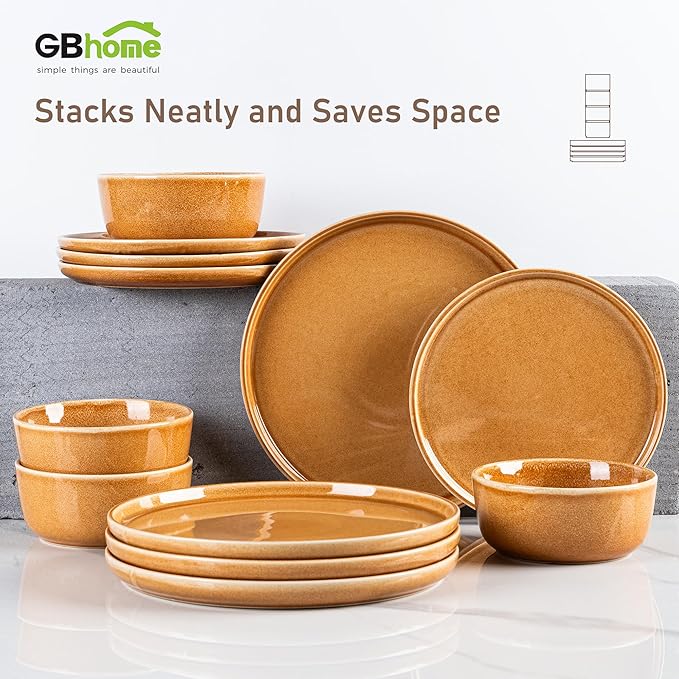 GBHOME Ceramic Dinnerware Sets for 4, 12 Pieces Stoneware Plates and Bowls Sets, Scratch Resistant Dishes, Dishwasher &amp; Microwave Safe, Reactive Glaze-Amber