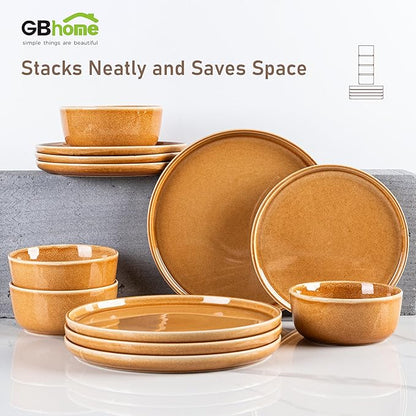 GBHOME Ceramic Dinnerware Sets for 4, 12 Pieces Stoneware Plates and Bowls Sets, Scratch Resistant Dishes, Dishwasher &amp; Microwave Safe, Reactive Glaze-Amber