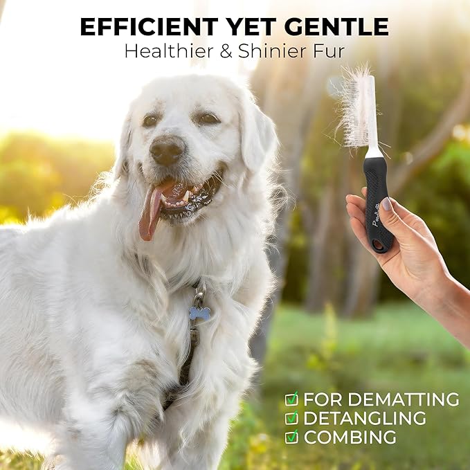 POODLIE Poodle Pet Dog Combs for Grooming Matting - Metal Comb for Dogs with Long &amp; Short Stainless Steel Teeth - Dematting Comb for Cats to Remove Matted Hair &amp; Knots, Black