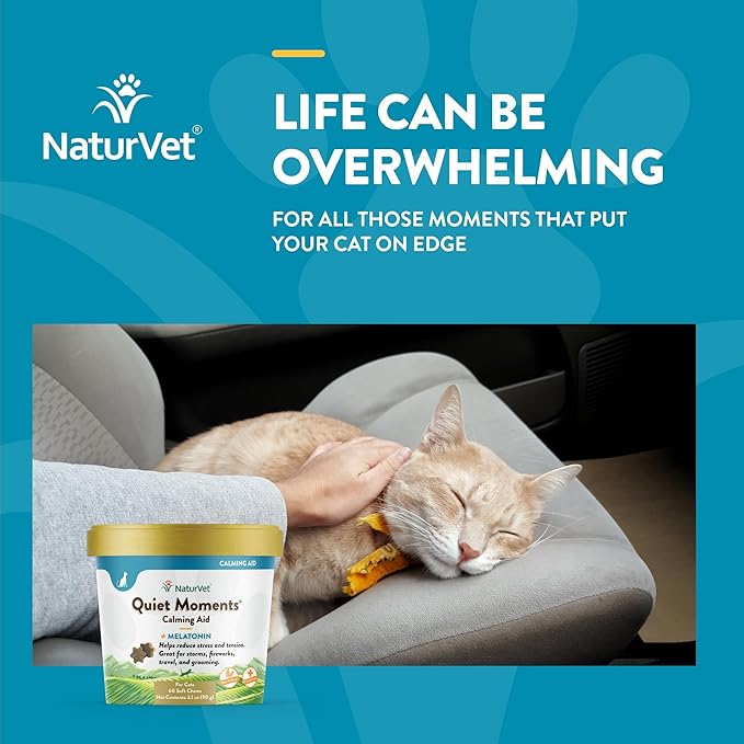 NaturVet –Quiet Moments Calming Aid for Cats Plus Melatonin – 60 Soft Chews – Helps Reduce Stress &amp; Promote Relaxation – Great for Storms, Fireworks, Travel &amp; Grooming