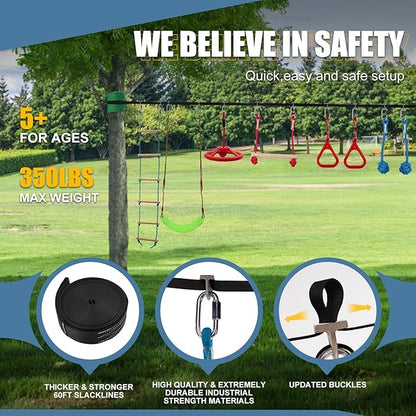 Slsy 60FT Ninja Warrior Obstacle Course (10 Obstacles), Ninja Slackline Kit for Kids, Durable Playset Equipment with 10 Complete Set-Monkey Bar,Swing, Climbing Ladder &amp; Net
