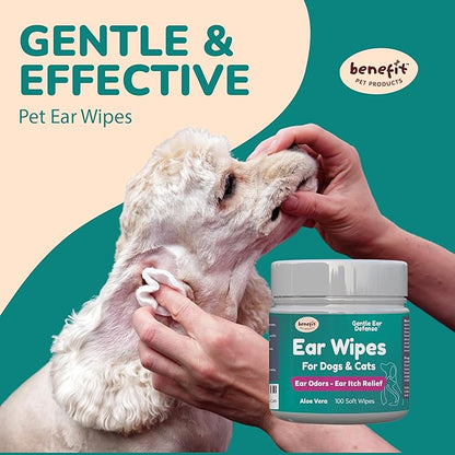 Benefit Pet Products Dog Ear Wipes - Ear Cleaner for Dogs to Prevent Infections, Itching &amp; Odor - Aloe &amp; Eucalyptus, Grooming Wipes - 100 Count