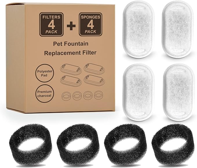 Cat Water Fountain Filters, Compatible with Stainless Steel Pet Fountain Replacement Filters for Cat Fountain (4 Filters&amp; 4 Sponges)