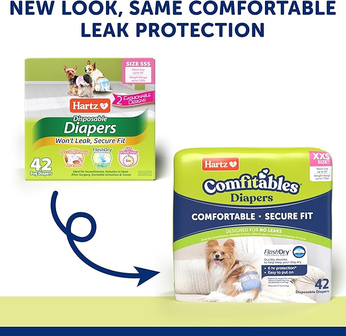 New! Hartz® Comfitables® Disposable Dog Diapers, Size XXS 42 count, Comfortable &amp; Secure Fit, Easy to Put On, Super Absorbent Male and Female Diaper