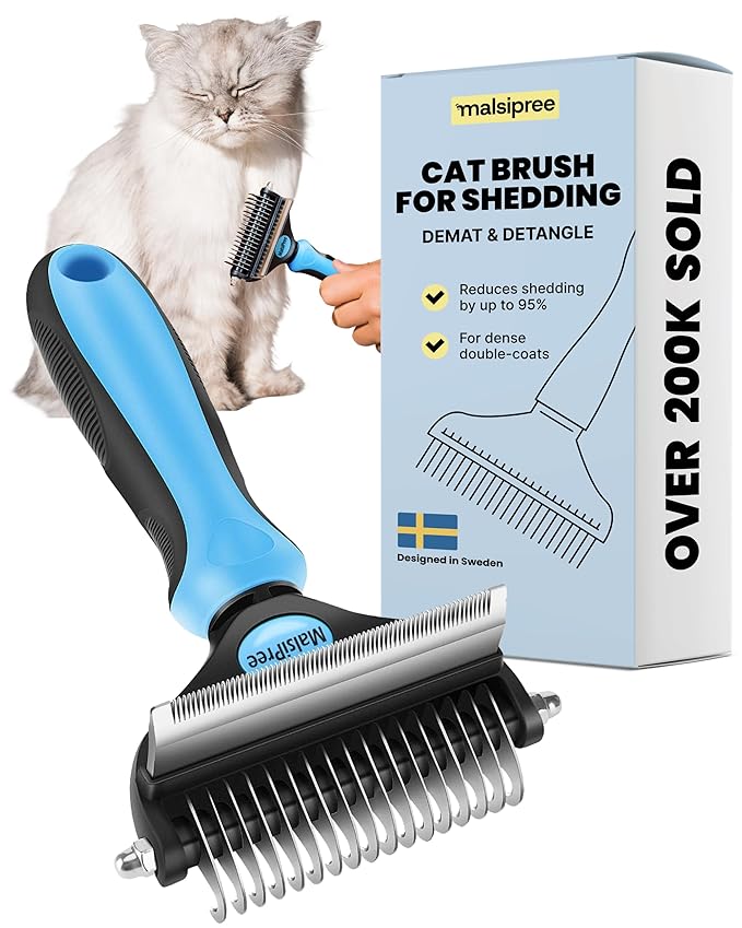 MalsiPree Cat Shedding Brush - 2 in 1 Deshedding Tool &amp; Undercoat Rake for Dense Double-Coats - Dematting Comb - Deshedding Brush for Cats - Pet Hair Removal Tool (Blue) - Dog Grooming Supplies