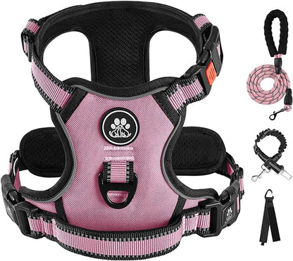 IVY&amp;LANE No Pull Dog Harness for Medium Dogs, Dog Vest Harness with Leash, Safety Belt and Storage Strap, Fully Adjustable Harness, 360° Reflective Strip, Soft Handle (Pink, M)