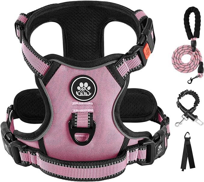 IVY&amp;LANE No Pull Dog Harness for Large Dogs, Reflective Dog Vest Harness with Leash, Safety Belt and Storage Strap, Fully Adjustable Harness with Soft Handle (Pink, L)