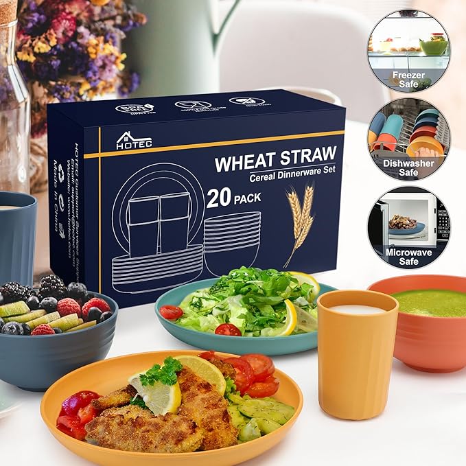 HOTEC 20-Pack Unbreakable Kitchen Plastic Wheat Straw Dinnerware Set – BPA-Free Plates, Bowls &amp; Cups | Lightweight, Microwave &amp; Dishwasher Safe | Multicolor Reusable Tableware for Home &amp; Outdoor Use