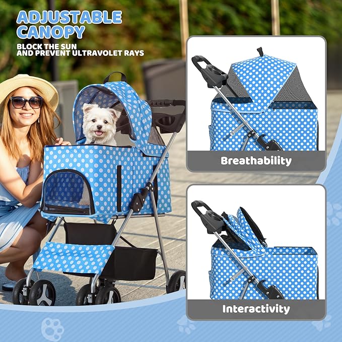Magshion Foldable Pet Stroller, 3-in-1 Dog Travel Jogger with Detachable Carrier, Cup Holder, Storage Basket, Folding Carrier for Small/Medium Dogs &amp; Cats Up to 33 lbs, Sky Blue Polka Dots
