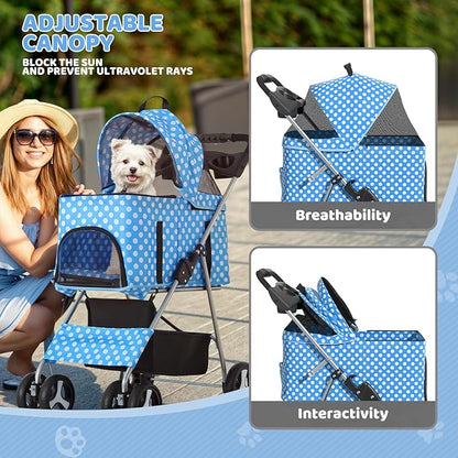 Magshion Foldable Pet Stroller, 3-in-1 Dog Travel Jogger with Detachable Carrier, Cup Holder, Storage Basket, Folding Carrier for Small/Medium Dogs &amp; Cats Up to 33 lbs, Sky Blue Polka Dots