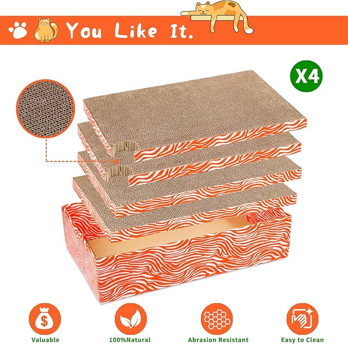 Cat Scrather Box with 4 pcs Large Scratching Cardboard and Toy Ball, Catnip, 4 in 1 Large Refillable &amp; Reversible Cat Scratcher Pad, Cardboard Cat Bed for Big Medium Small Lazy Kitty
