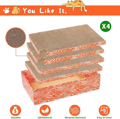 Cat Scrather Box with 4 pcs Large Scratching Cardboard and Toy Ball, Catnip, 4 in 1 Large Refillable &amp; Reversible Cat Scratcher Pad, Cardboard Cat Bed for Big Medium Small Lazy Kitty