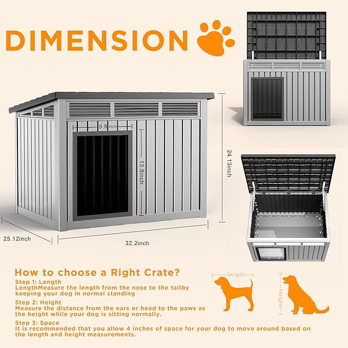 DRATO Dog House for Both Indoor and Outdoor with Weatherproof Roof Removable Floors for Medium to Large Dogs Interior Space (Gray, Medium(32.2 * 25.12 * 24.13&
