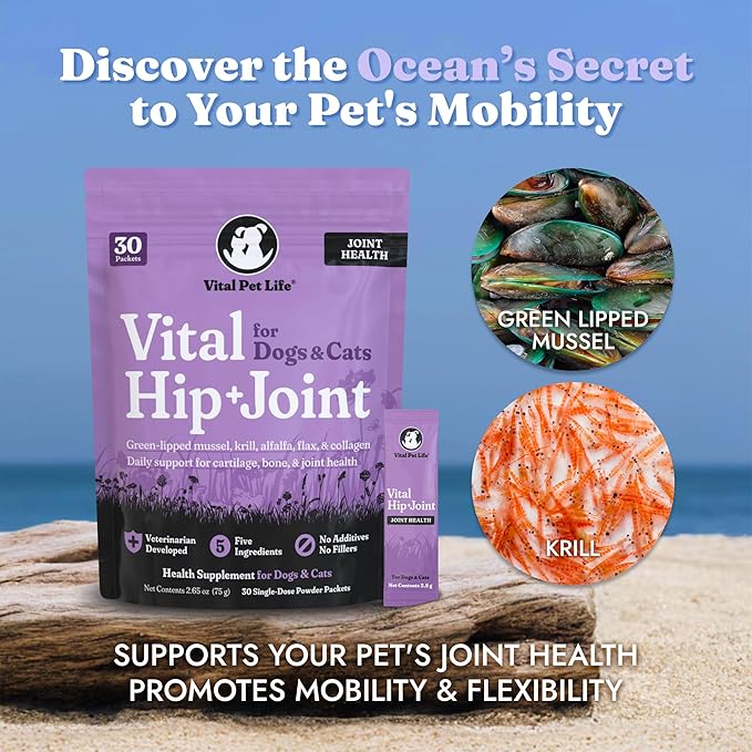 Vital Hip &amp; Joint Supplement for Dogs and Cats - Dog Joint Supplement, Mobility Support, Inflammation Defense, Green Lipped Mussels, Krill, Collagen for Dogs, Veterinarian Developed, 30 Packets