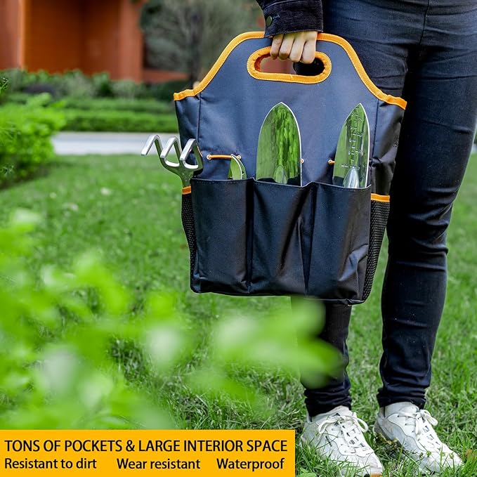 ESOW Garden Tool Set 7 PCS, Includes Cast-Aluminum Heavy Duty Hand Trowel, Transplant Trowel, Hand Rake, SK-5 Steel Gardening Scissor, Plant Tie, Bag &amp; Gloves, Tool Kit Gifts