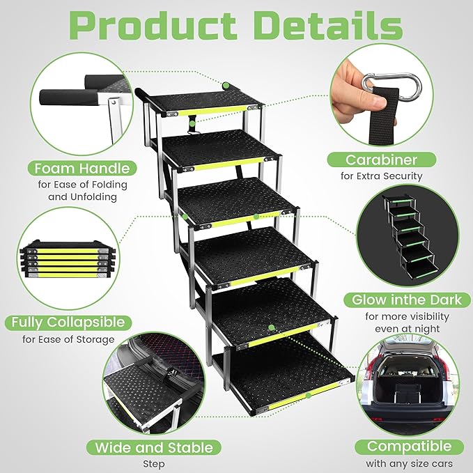 Sturdy 6-Step Aluminum Frame Dog Stair with 1680D PVC Fabric - Non-Slip, Lightweight &amp; Portable - Ideal for Car, SUV, Truck Access - Black (106x80x43cm)