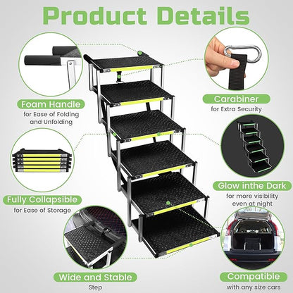 Sturdy 6-Step Aluminum Frame Dog Stair with 1680D PVC Fabric - Non-Slip, Lightweight &amp; Portable - Ideal for Car, SUV, Truck Access - Black (106x80x43cm)