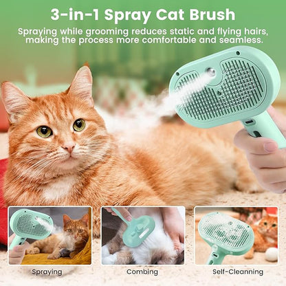 3 in 1 Cat Steam Brush, Pet Spray Hair Removal Comb for Shedding &amp; Grooming, Water Brush for Cats Dogs Small Animals Long Short Haired with One-Click Release Button(Green)