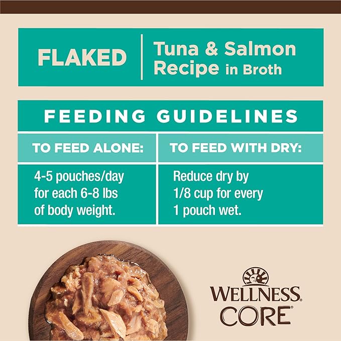 Wellness CORE Tiny Tasters Flaked Adult Wet Cat Food, Natural, Protein-Rich, Grain Free, 1.75-Ounce Pouch, 12 Pack, (Tuna &amp; Salmon)