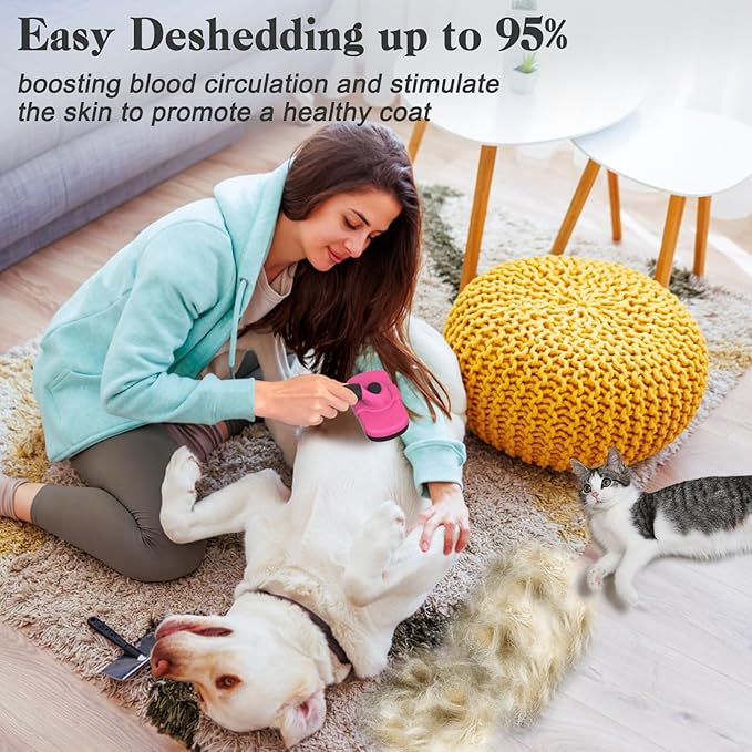 Self-Cleaning Pet Grooming Brush - Skin-Friendly Deshedding Tool for Dogs &amp; Cats in Pink, Removes Loose Hair and Tangles