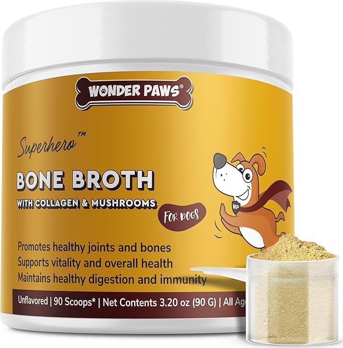 Bone Broth for Dogs – Bone Broth Powder with Organic Mushrooms &amp; Collagen for Digestion, Immunity &amp; Joint Support – Tasty Beef Supplement for Dogs of All Ages, Sizes &amp; Breeds – 3.20 oz