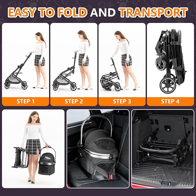 Kenyone 3-in-1 Pet Stroller for Small Medium Dogs Puppy Cat Stroller with Detachable Carrier &amp; Pad Lightweight Foldable Aluminum Alloy Frame Dual No-Zip Entry(Black)