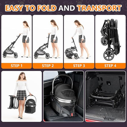 Kenyone 3-in-1 Pet Stroller for Small Medium Dogs Puppy Cat Stroller with Detachable Carrier &amp; Pad Lightweight Foldable Aluminum Alloy Frame Dual No-Zip Entry(Black)