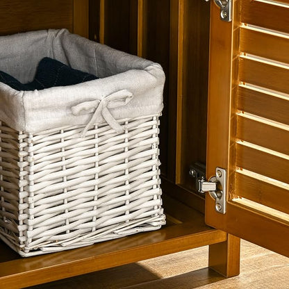 Shoe Bench with Storage Cabinets, Bamboo Entryway Bench with Seating Cushion, 3 Doors and Hidden Compartment for Hallway, Brown