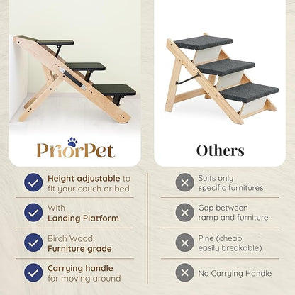 Dog Steps for Bed &amp; Couch 2-in-1 Dog Stairs/Ramp - Height Adjustable Dog Ramp for Couch 7” - 20” - Pet Stairs, Dog Stairs for Small Dogs - Easy to Move Pet Steps with Landing Platform, Natural