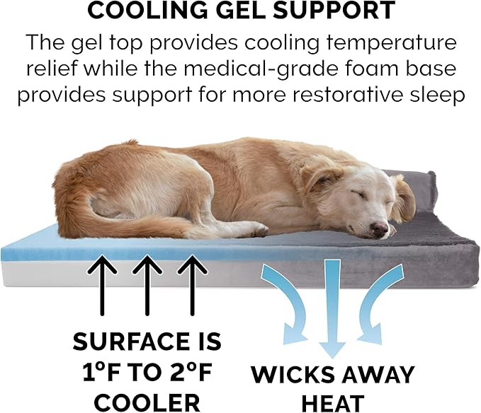 Furhaven Cooling Gel Dog Bed for Medium/Small Dogs w/ Removable Bolsters &amp; Washable Cover, For Dogs Up to 35 lbs - Plush &amp; Velvet L Shaped Chaise - Platinum Gray, Medium