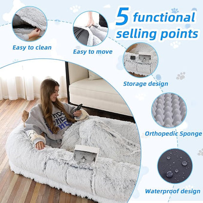 Human Dog Bed - 71"x45"x12" Fits You &amp; Pets, Washable Faux Fur, Orthopedic, Plump Pillow, Blanket, Strap - Grey