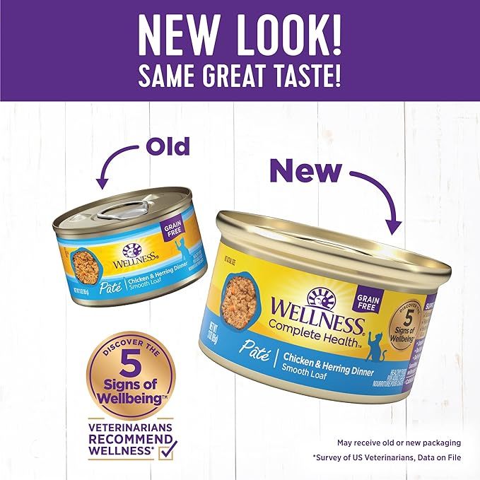 Wellness Complete Health Pate Adult Wet Cat Food, Natural, Protein-Rich, Grain-Free, 3 Ounce, 24 Pack, (Chicken &amp; Herring)