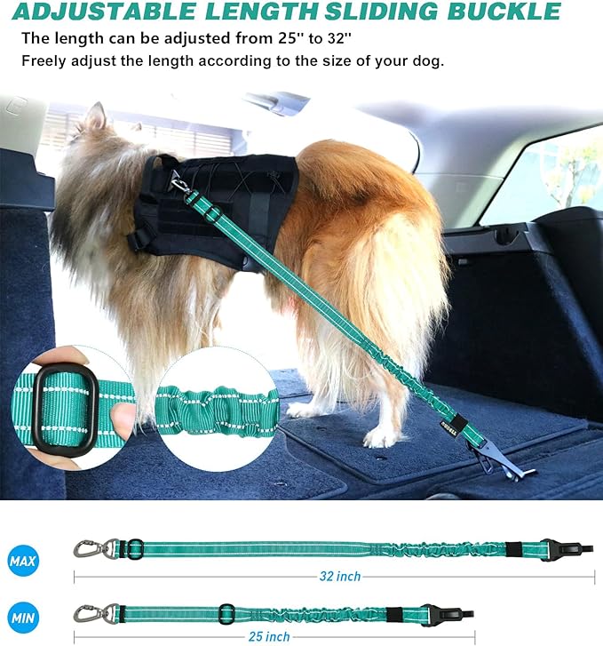 AUBELL Dog Seat Belt for Car,2 Pack Set 3-in-1 Adjustable Reflective Bungee Heavy Duty Dog Car Harness Tether with Clip Hook Latch &amp; Buckle,Swivel Zinc Alloy Carabiner,Black+Teal