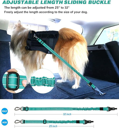 AUBELL Dog Seat Belt for Car,2 Pack Set 3-in-1 Adjustable Reflective Bungee Heavy Duty Dog Car Harness Tether with Clip Hook Latch &amp; Buckle,Swivel Zinc Alloy Carabiner,Black+Teal
