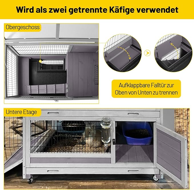 Aivituvin Rabbit Hutch Rabbit Cage Outdoor &amp; Indoor on Wheels Bunny cage with Deep No Leak Pull Out Tray,Upgrade Version (Gray)