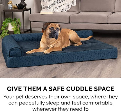 Furhaven Cooling Gel Dog Bed for Large/Medium Dogs w/ Removable Bolsters &amp; Washable Cover, For Dogs Up to 55 lbs - Plush &amp; Almond Print L Shaped Chaise - Blue Almonds, Large